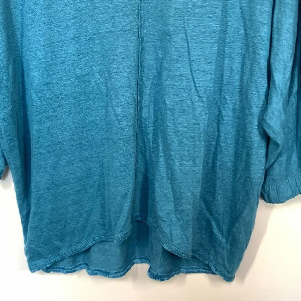 Sundance Women's Frayed Neck Linen 3/4 Sleeve Top Blue Size Medium